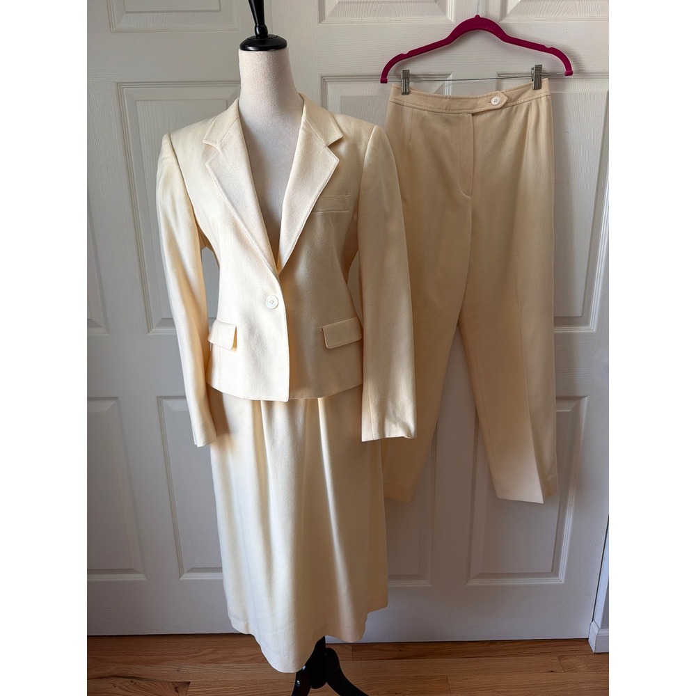 Evan Picone 3pc Suit Set Women 8/10 Cream Wool Blazer Skirt Pants Vintage USA